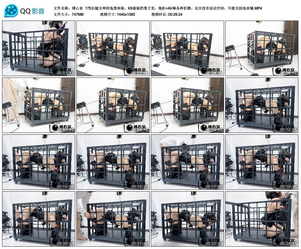【缚心室】175长腿女神的兔笼体验，K9套装扔笼子里，炮机+AV棒各种折磨，完全没有活...-缚乐绳艺