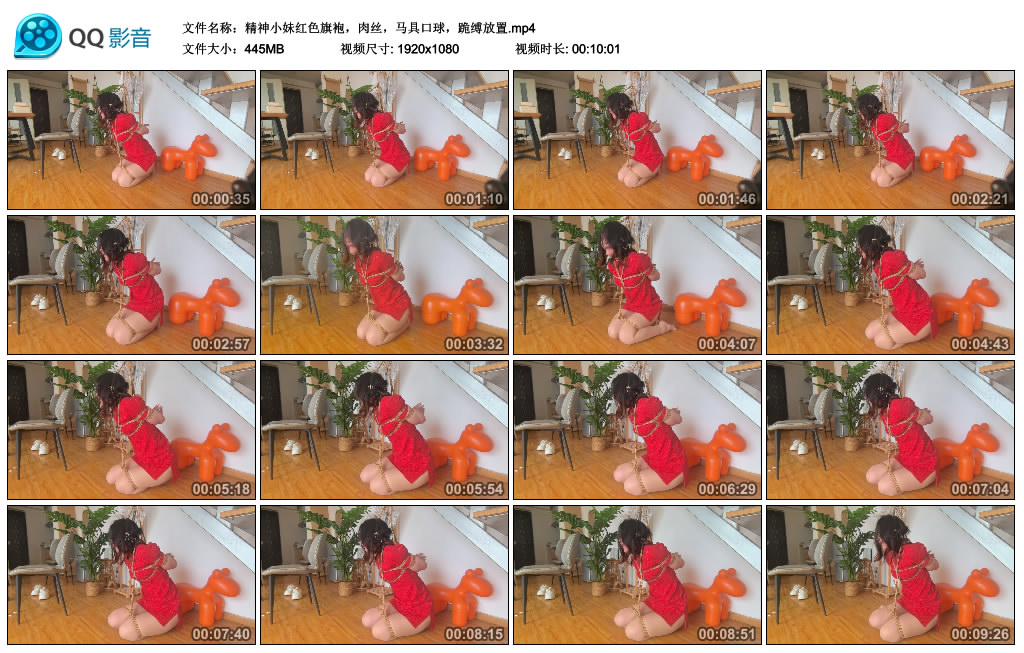 三流捆工 精神小妹红色旗袍，肉丝，马具口球，跪缚放置